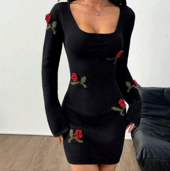 Black Square Collar Bow Decor 3D Floral Fitted Thicken Knit Dress - Picture 4 of 4